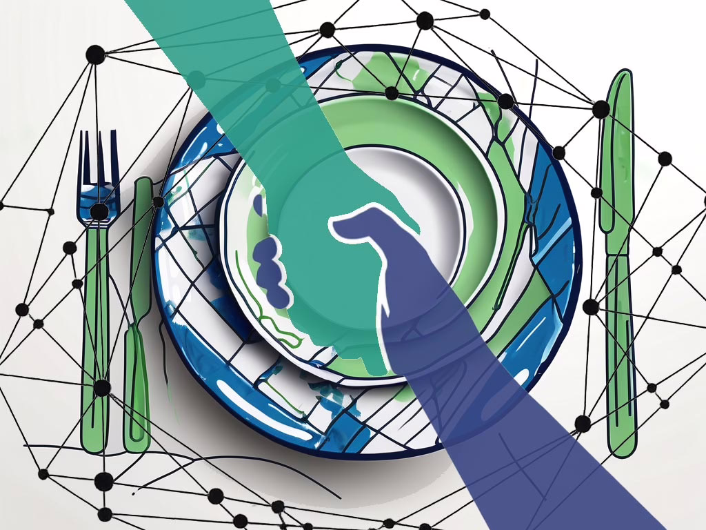 Illustration of two hands in silhouette offering support over a place setting with plate and utensils. Geometric linear lines connecting with dots to represent networking.