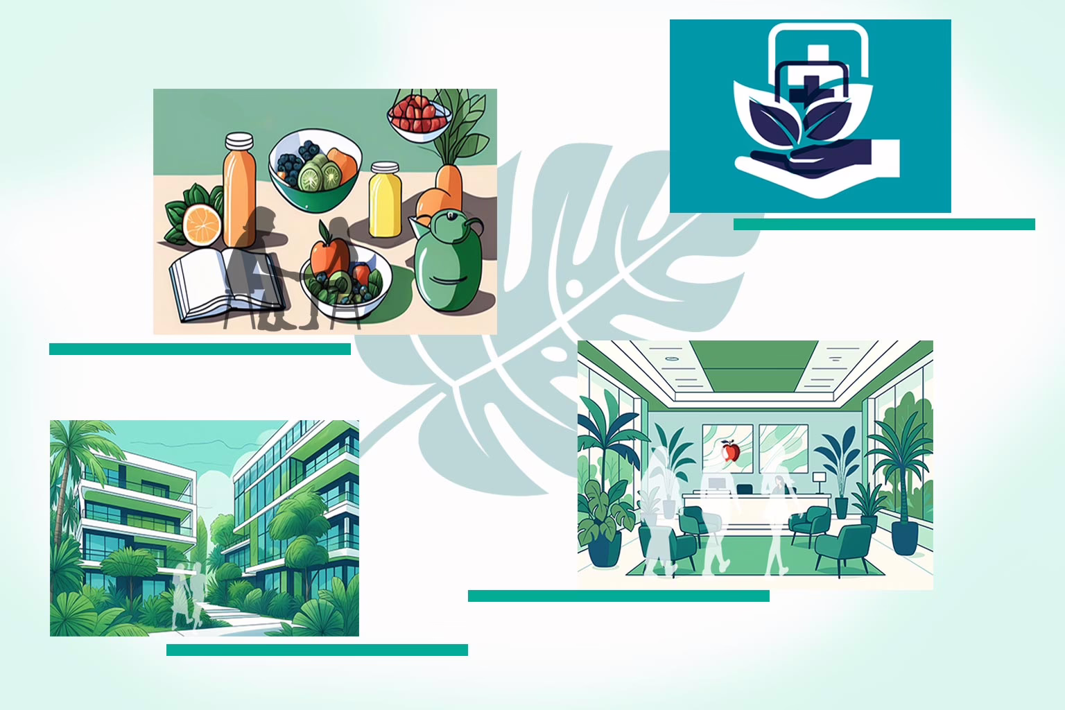 Illustration showing the 4 levels of care available at ViaMar in 4 images. Tropical leaf shadow in the background