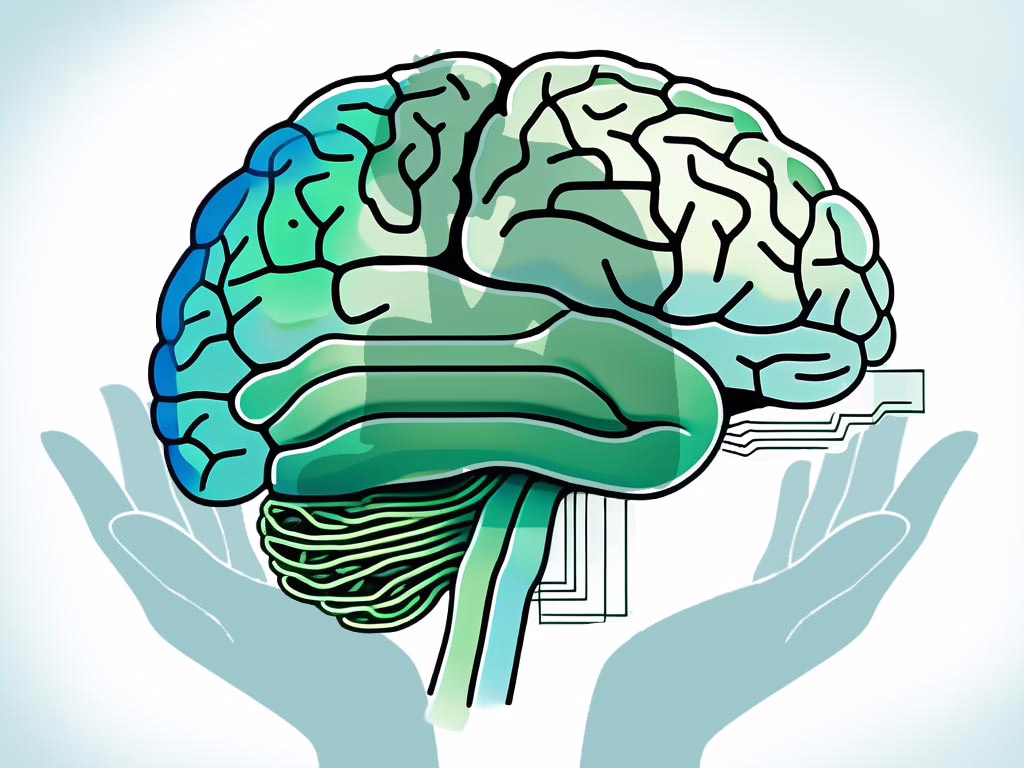 Illustration in teal and greens of an outlined brain with a shadow silhouette of female with hand supporting her head. A shadow silhouette two supporting hands encompass the brain