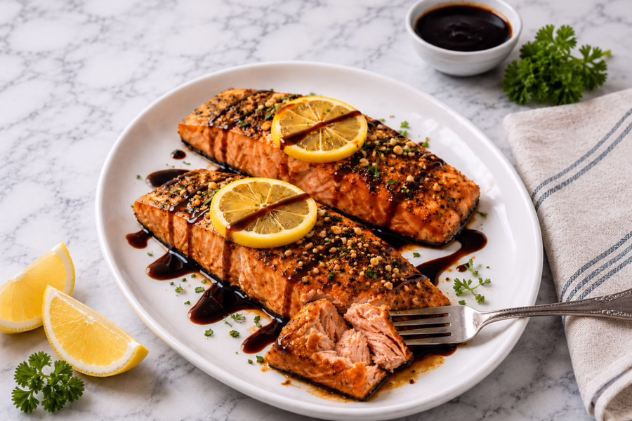 Two cooked Lemon Garlic Butter Salmon fillets on a plate