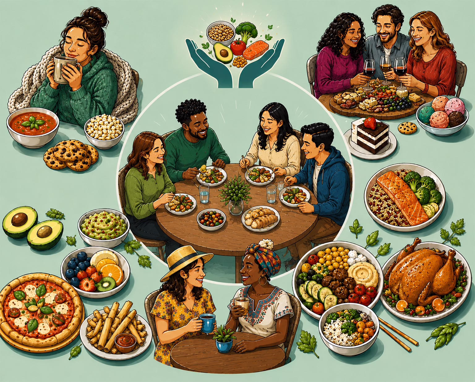 Illustrated scenes of diverse adults sharing meals to represent the All Foods Fit philosophy of connection, celebration, comfort, and joyful eating in recovery.