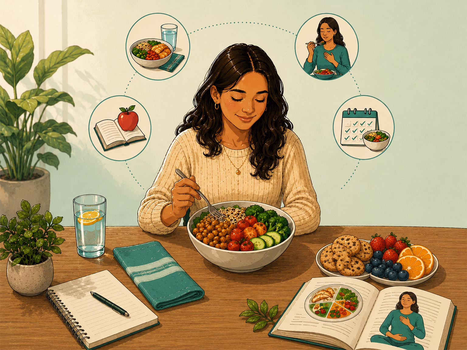 Young woman eating meal with vignettes showing mindful eating-relearning trust in the body