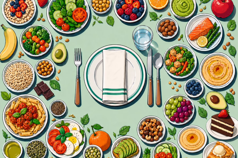 Illustrated place setting with a plate, teal-striped napkin, utensils, and glass surrounded by a colorful variety of foods to represent balanced and flexible eating.