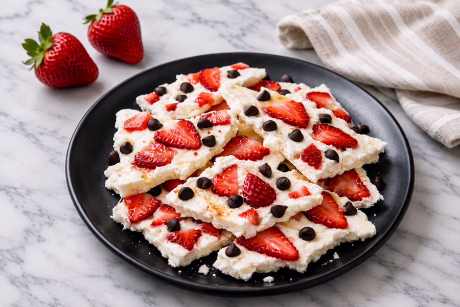 Greek Yogurt Bark with strawberries, blueberries and chocolate chips topping