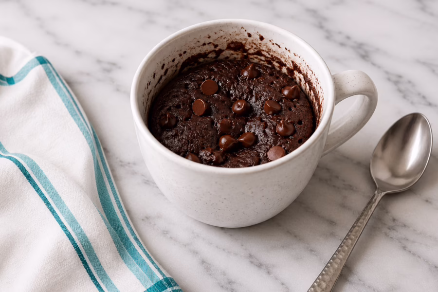 Mug brownie in a white mug with spoon and napkin on counter top