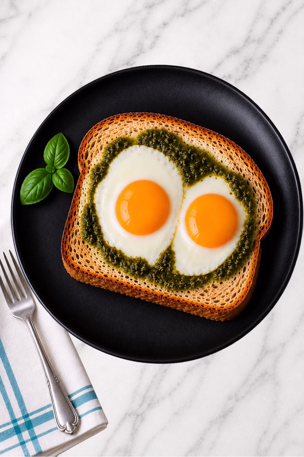 Crispy fried eggs with golden yolks surrounded by pesto on toast on a black plate with a striped napkin.