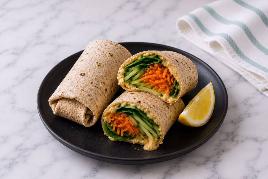 Finished veggie wraps on a black plate with lime wedge on a marble countertop. One wrap cut in half with shredded carrots, cucumber strips, spinach, and creamy homemade hummus.
