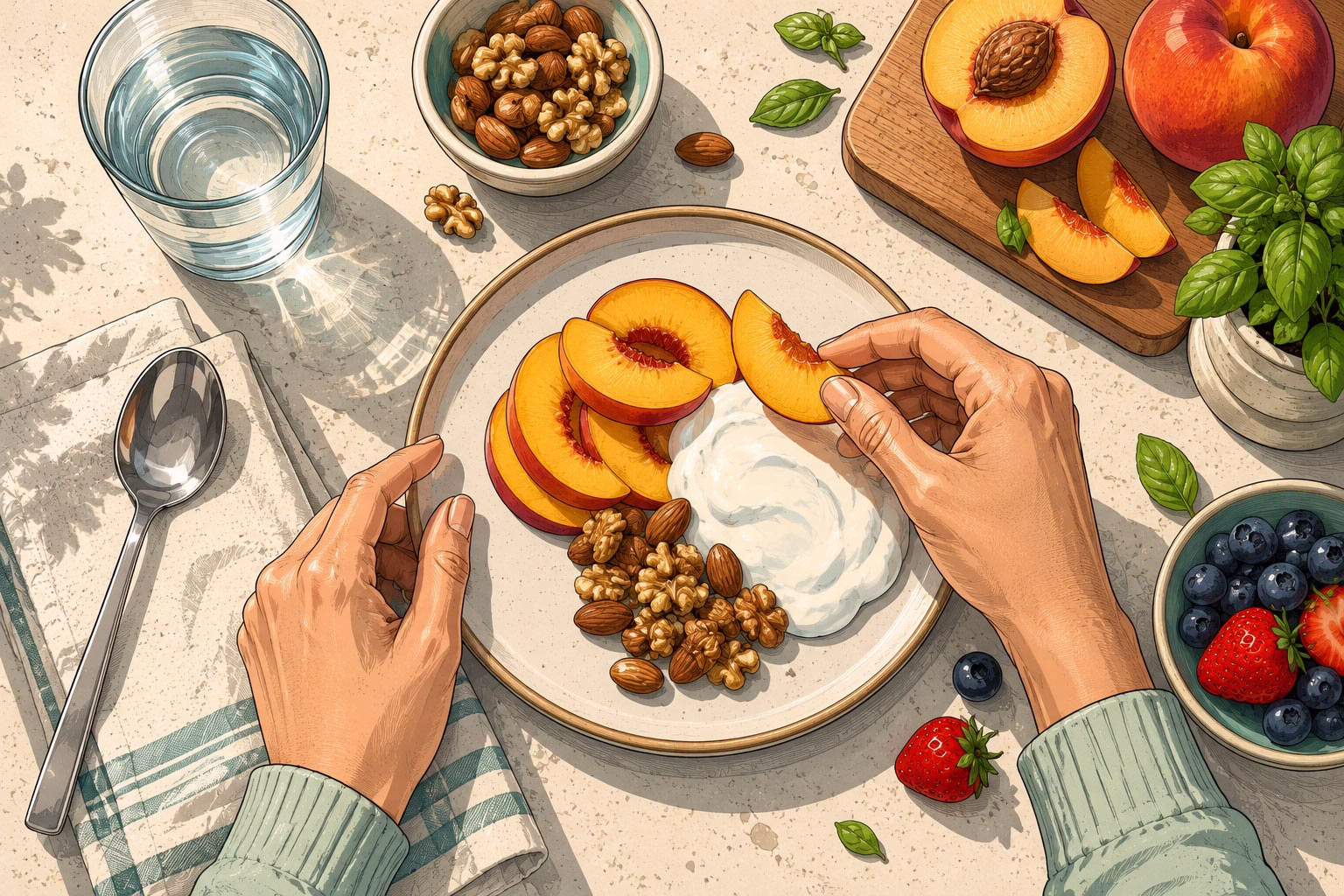 Illustrated overhead view of hands reaching for sliced peaches with yogurt, almonds, and walnuts on a plate, symbolizing mindful eating and sensory reconnection in eating disorder recovery.