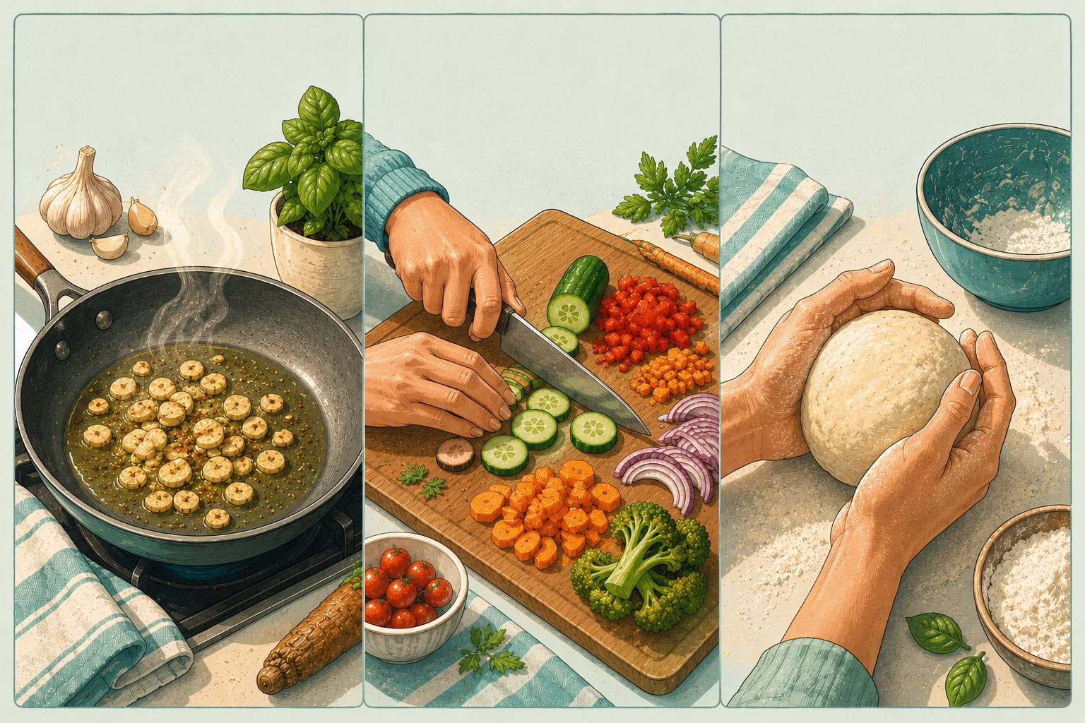 Three-panel illustration showing sensory experiences in the kitchen: garlic sautéing in a pan, fresh vegetables being chopped on a cutting board, and hands gently kneading dough, representing sensory reconnection during eating disorder recovery.