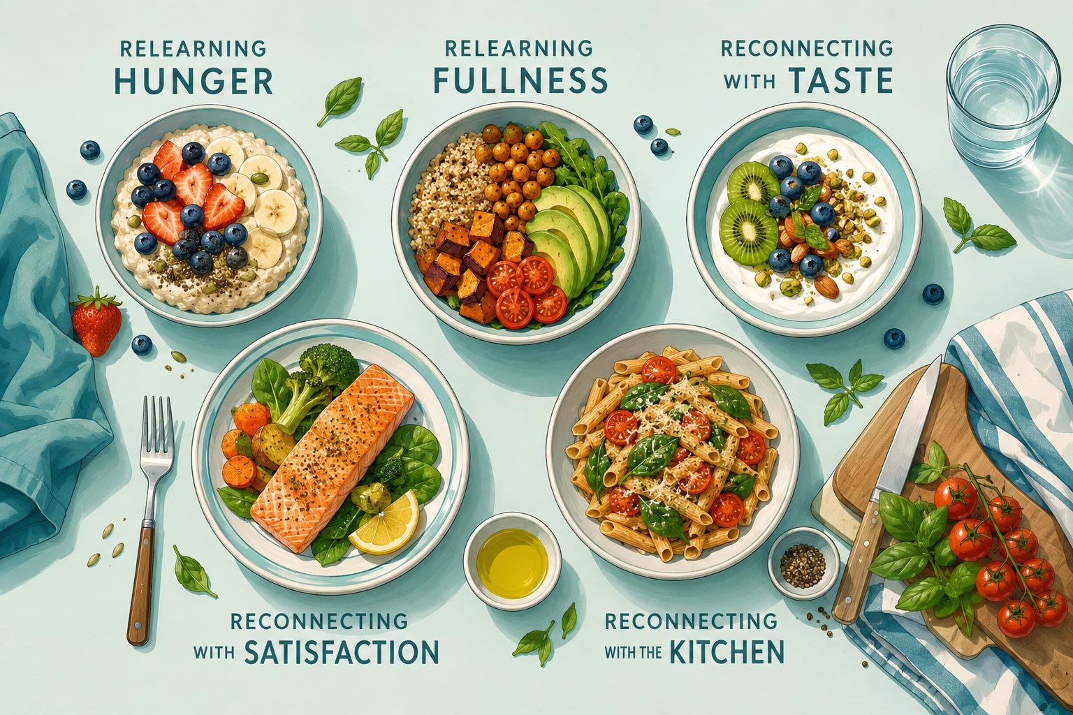 Illustrated flat-lay of healthy meals and fresh ingredients surrounding five recovery milestones: relearning hunger, relearning fullness, reconnecting with taste, reconnecting with satisfaction, and reconnecting with the kitchen.